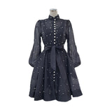 French Niche Collar Heavy Industry Nail Drill Luxury Wind Bubble Long Sleeve Buckle Waist Dress With