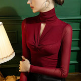 High Stretch Tees Women Turtleneck Soft Full Sleeve T Shirts Lady Twisted Hollow Out Mesh Tops Female Autumn
