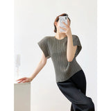 Folded Summer Korean Version Of The Shape Of The Round Collar Folded Short-Sleeved T-Shirt For Women's Relaxed Leisure Pure Color