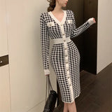 Women Spring Autumn Dresses Elegant Lady Vintage Knitting Fashionable Buttons Checkered Long