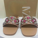 ZAR Woman 2022 Flat Shoes Spring Summer Round Toe Sexy Acrylic Rhinestones Outer Wear Plus Size 41 Sandals And Slippers