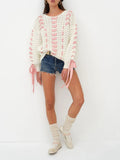Women Y2K Kawaii Knitted Long Sleeve Crew Neck Hollowed Contrast Color Loose Pullovers Warm Sweater for Fall
