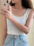 Lace Trim Crop Knit Tank Top-Outfit