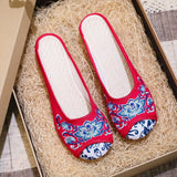 Zingj Round Head Embroidered Cloth Shoes Beef Tendon Bottom Flat Bottom Soft Bottom Canvas Slippers Female Ethnic Wind Blue And White