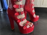 Onlymaker Women's Platform Buckle Belts Chunky 15~16cm Round Heel Peep Toe Black and Red Fashion Zipper Sandals For