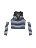 Vintage Striped Slim T Shirt Y2k Design Knitted Tops Polo-Neck 90s Streetwear Harajuku Fashion Casual Crop Top