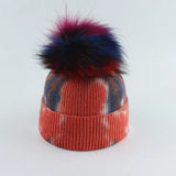 New Fashion Winter Thicken Knitted Hats Warm Real Racoon Fur Pompom Unisex Beanie Tie-dyed Cap Adults Head