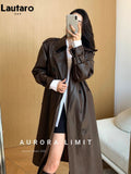 Spring Autumn Long Loose Brown Pu Leather Trench Coat for Women Belt Double Breasted American and European Fashion