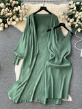Autumn Solid Knitted Two Pieces Suits Loose Cardigan+V Neck Tank Bodycon Mini Slim Skirt Women Streetwear Sweater
