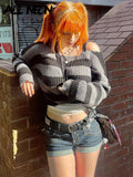 E-girl Streetwear Black Striped Ribbed Oversized Sweaters Y2K Mall Goth O-neck Long Sleeve Knitted Crop Pullovers