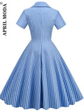 Women Summer Striped Print Party Flare Dress Robe Femme Retro Vintage Swing Prom Rockabilly Midi Dresses Vestidos