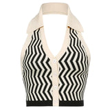 Halter Sleeveless Knitted Crop Top Women Sexy Backless Tank Top Autumn Print V Neck Vest Ladies Button