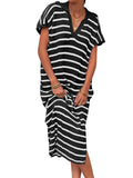 Zingj Summer Dress Women's V-Neck Stripe Low Slit Lapel Long Sweater Even-Outfit