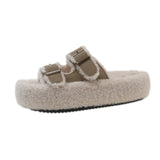 Zingj Autumn And Winter Large Size Double Buckle Platform Slippers With Velvet And Thick Lamb Wool Slippers Warm Shoes-Outfit