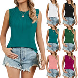 Zingj 2024 New Round Collar Draw Pleated Solid Color Sleeveless Loose T-Shirt Vest-Outfit