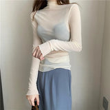 Autumn Women's Sexy See-Through Mesh Blouse Female Long Sleeve Transparent Elegant Shirt Fashion Women