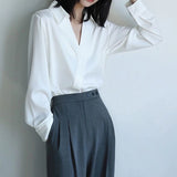 Autumn Fashion White Satin Shirts Women V Neck Elegant Blouse Office Ladies Long Sleeve Korean Chiffon Chic Top