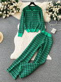 American Retro Sweater Suits Zipper Polo Collar Loose Pullover+Wide Legs Long Pants Winter Thick Geometric Women