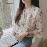 Shirts Korean Ladies Fashion Ruffle Half Sleeve Chiffon Shirt Simple Bow Tie Floral Print Blouse Women Tops Blusas