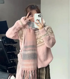 Pink Jacquard Bow Knitted Cardigan- Outfit