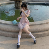 Sweet Kawaii Lace Dress Women Pink College Style Lolita Peter Pan Collar Summer Women Dress Mini Dress For Women