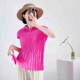 Folded Summer New High-End Pure Color Temperament Elegant Collar Short Sleeve Blouse Hand Folding