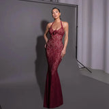 Red Lace Flower Halter Mermaid Style Maxi Dress- Outfit