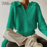 Green Long Sleeve Sweater Knitted Women V Neck Autumn Winter 2021 Fashion Pullover Casual Black
