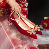Shoes Bride Shoes Chinese Red Single Shoes Spring And Autumn New Rhinestone Bow A String Of Beads Buckle Thick Heel High-Heeled