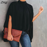 Women Casual Batwing Sleeve Cape Design Black Long Sleeve Ladies Top Elegant High Neck Daily Wear Loose Blouse Lounge