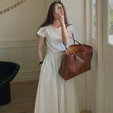 Zingj Chic Summer Simple Temperament Round Collar Fold Closed Waist Show Thin Short Sleeve Large Swing T-Shirt Dress Long