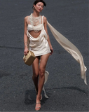 White Satin Cut Out Bralette Draped Mini Dress-Outfit