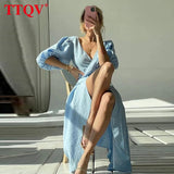 Sexy Pink Women's Summer Dress 2022 Bodycon Puff Sleeve Lace-up Midi Dress Ladies Elegant Chic Slit Cotton Party