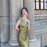 Green V-Neck Satin Jacquard Dress Women's Backless Sexy Maxi Dress Summer Ladies Robe Vintage Vestidos Female