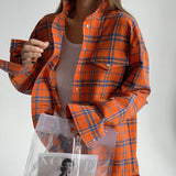 Zingj 2023 Women's College Style Orange Plaid Shirt Women's Loose Pocket Lapel Long-Sleeved Shirt-Outfit