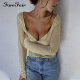 2022 Long Sleeve Crop Top See Through Brown Y2K Beach Casual 90s Sexy T Shirts Women Black Bandage Summer Tee