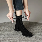 Lace-Up Short Boots Female Thick With Soft Leather Frosted Autumn Winter New Fashion Retro Simple Square Head In The Heel Martin