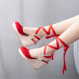 Round Head Water Table Slope Sandals Roman Strap High Heel Sandals Hollow Summer Grass Table Sandals