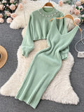 Winter Women Knitted Sets Fashion Breading Long Sleeve Pearl Sweater+Knitted Camis Dress Sets Fashion Sweater