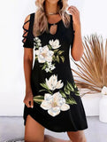 Women Floral Print Party Dresses Sexy Summer Short Sleeve O-Neck Mini Dress For Ladies Hollow Out Design Elegant Dress