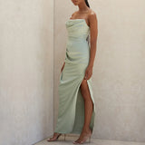Satin Draped Tube Bodycon Maxi Dress-Outfit