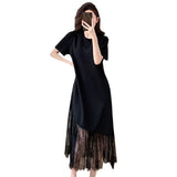 High-End Lace Splicing Dress 2025 Light Luxury Temperament Slim Thin Short Sleeve Black