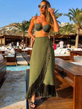 Sexy Solid Three Piece Bikini Set Padded Bra Tassel High Waist Beach Skirt Swimwear Summer Beach Holiday Bathing