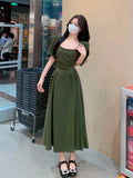 Elegant Party Casual Lady Long Dresses Retro Folds Puff Sleeves Fashionable Sexy Design Slimming Waist Green Dress 211-1-Outfit
