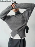 Pullover Sweater Women Irregular Button Design Knitted Sweater Female Korean Fashion Elegant Turtleneck Slit Pullover
