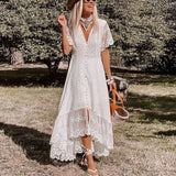 2022 Women Boho Maxi Dress Floral Embroidery Single Breasted Summer Vocation White Lace Sexy Tunic Long Beach