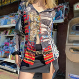 Aesthetic Autumn Mesh T-shirt Gothic Graphic Print Women Button Up Long Sleeve Slim Fit Crop Top 90s Vintage