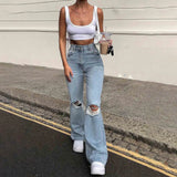 Fashion Women's Jeans Y2K High Street Waist Denim Ripped Trousers Baggy Jeans Young Loose Women's Classic Pants for