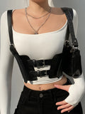 SUCHCUTE Goth Aesthetic Buckle Black Crop Tops Dark Academia Fashion PU Leather Women's Corset Tops Punk Style Gothic