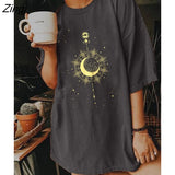 Harajuku Women Drop Shoulder T Shirt Golden Sun Moon Stars Print Long Loose Tee Shirt Femme O Neck Ladies Summer